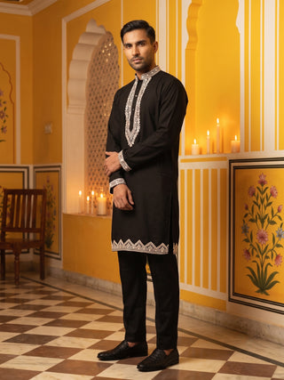 Men's Silk Blend Embroidered Kurta with Korean Pants