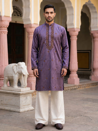 Men's Cotton Blend Embroidered Kurta with Korean Pants