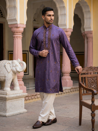 Men's Cotton Blend Embroidered Kurta with Korean Pants