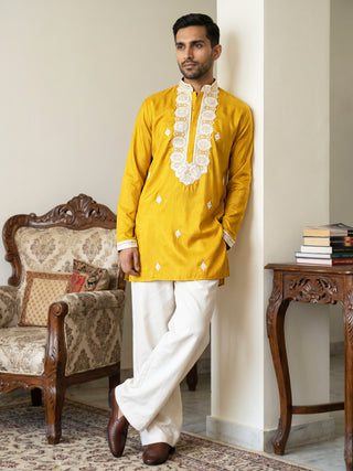 Men's Embroidered Silk Blend Kurta & Korean Pants