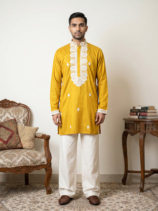 Men's Embroidered Silk Blend Kurta & Korean Pants
