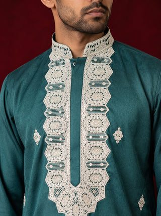 Men's Embroidered Silk Blend Kurta & Korean Pants