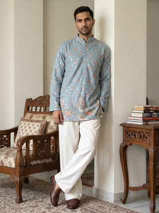 Men's Floral Printed & Thread Work Kurta with Korean Pants