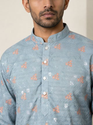 Men's Floral Printed & Thread Work Kurta with Korean Pants