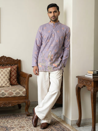 Men's Floral Printed & Thread Work Kurta with Korean Pants