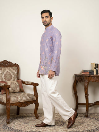 Men's Floral Printed & Thread Work Kurta with Korean Pants