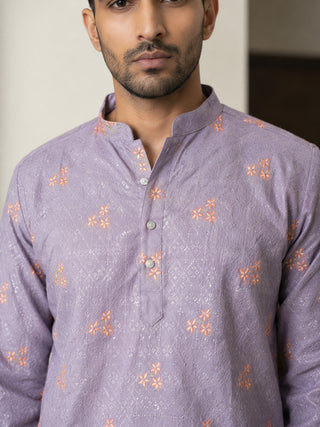 Men's Floral Printed & Thread Work Kurta with Korean Pants