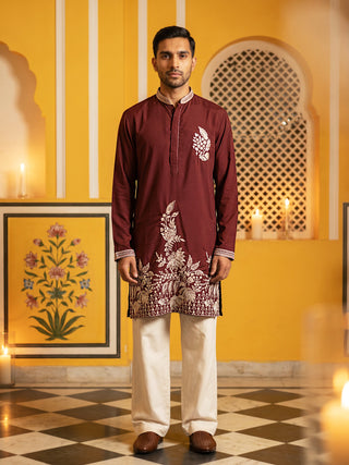 Japanese Fabric Botanical Embroidered Kurta with Korean Pant