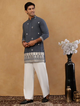 Men's Japanese Fabric Embroidered Kurta with Korean Pants Set