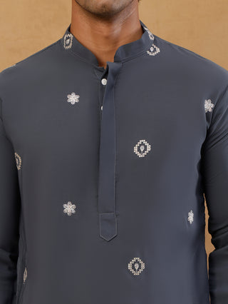 Men's Japanese Fabric Embroidered Kurta with Korean Pants Set