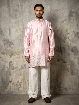Men Designer Silk Blend Embroidered Kurta With Korean Pants