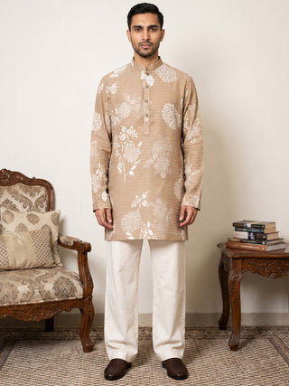 Cotton Blend Printed & Thread Work Kurta With Korean Pants