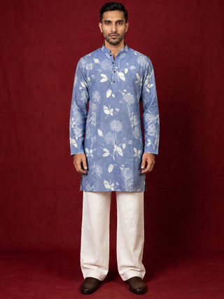 Cotton Blend Printed & Thread Work Kurta With Korean Pants