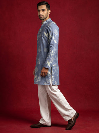 Cotton Blend Printed & Thread Work Kurta With Korean Pants