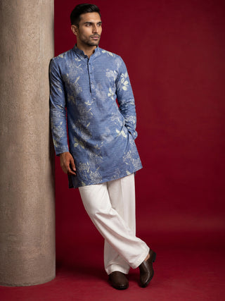 Cotton Blend Printed & Thread Work Kurta With Korean Pants
