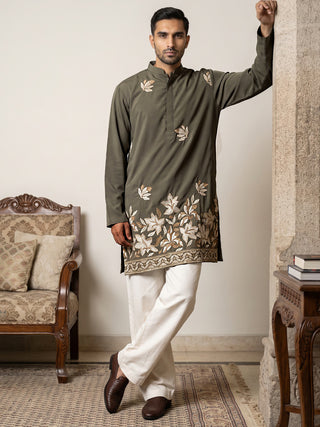 Men's Japanese Fabric Designer Embroidered Kurta With Korean Pants
