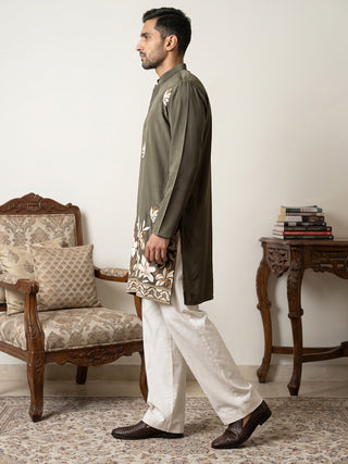 Men's Japanese Fabric Designer Embroidered Kurta With Korean Pants