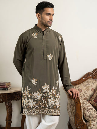 Men's Japanese Fabric Designer Embroidered Kurta With Korean Pants