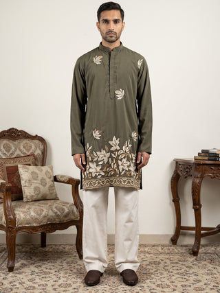 Men's Japanese Fabric Designer Embroidered Kurta With Korean Pants