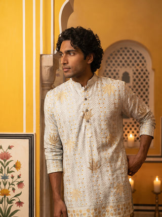 Cotton Blend Printed & Thread Work Kurta with Korean Pants