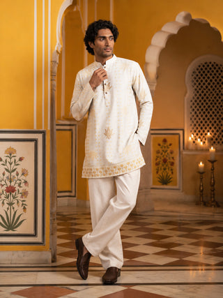 Cotton Blend Printed & Thread Work Kurta with Korean Pants