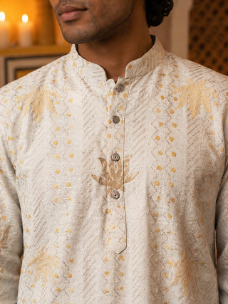 Cotton Blend Printed & Thread Work Kurta with Korean Pants