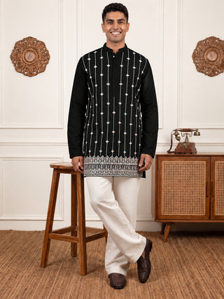 Silk Blend Embroidered Short Kurta with Korean Pants