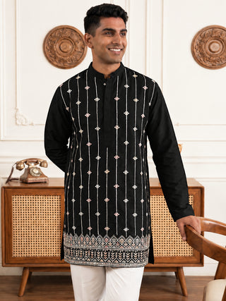 Silk Blend Embroidered Short Kurta with Korean Pants