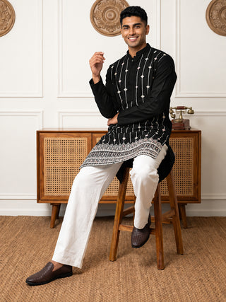 Silk Blend Embroidered Short Kurta with Korean Pants