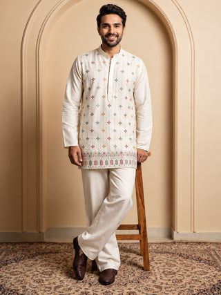 Silk Blend Embroidered Short Kurta with Korean Pants