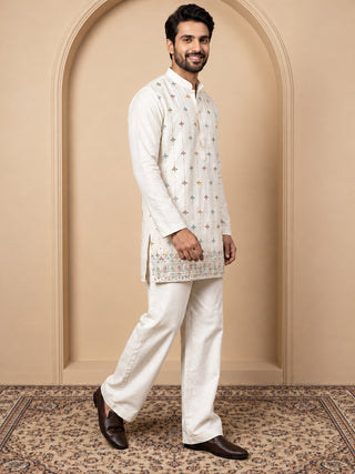 Silk Blend Embroidered Short Kurta with Korean Pants