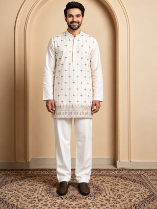 Silk Blend Embroidered Short Kurta with Korean Pants