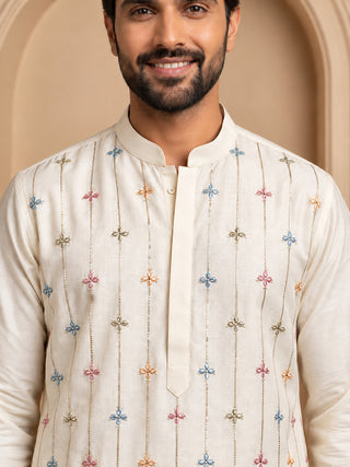 Silk Blend Embroidered Short Kurta with Korean Pants