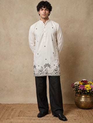 Silk Blend Embroidered Short Kurta with Korean Pants