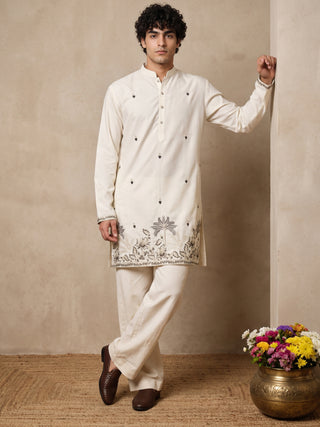 Silk Blend Embroidered Short Kurta with Korean Pants