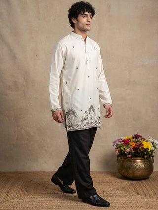 Silk Blend Embroidered Short Kurta with Korean Pants