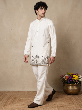 Silk Blend Embroidered Short Kurta with Korean Pants