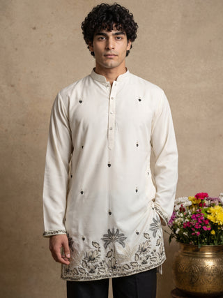 Silk Blend Embroidered Short Kurta with Korean Pants