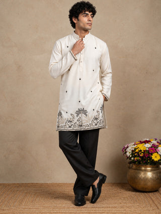 Silk Blend Embroidered Short Kurta with Korean Pants