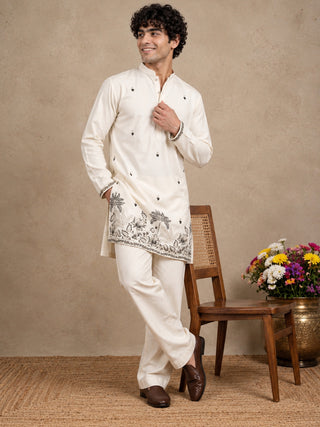 Silk Blend Embroidered Short Kurta with Korean Pants