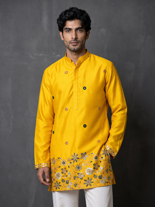 Silk Blend Floral Embroidered Short Kurta & Korean Pants