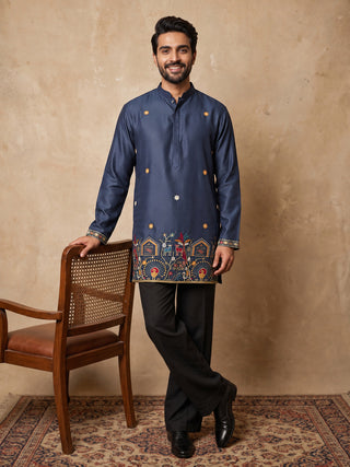 Silk Blend Floral Embroidered Short Kurta & Korean Pants