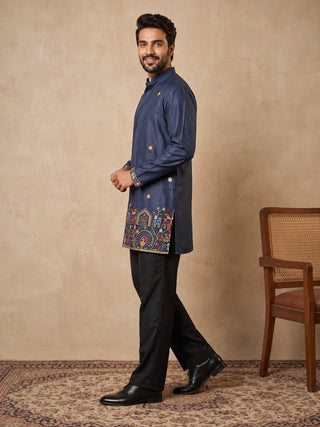 Silk Blend Floral Embroidered Short Kurta & Korean Pants