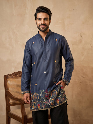 Silk Blend Floral Embroidered Short Kurta & Korean Pants