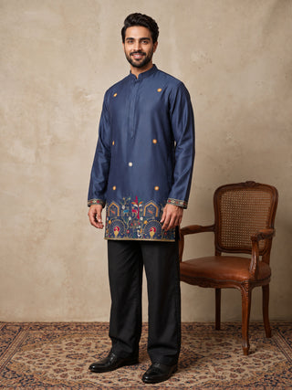 Silk Blend Floral Embroidered Short Kurta & Korean Pants