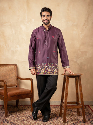 Silk Blend Floral Embroidered Short Kurta & Korean Pants