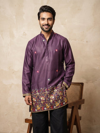 Silk Blend Floral Embroidered Short Kurta & Korean Pants