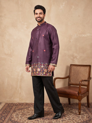 Silk Blend Floral Embroidered Short Kurta & Korean Pants