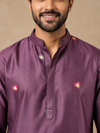 Silk Blend Floral Embroidered Short Kurta & Korean Pants