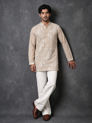 Cotton Geometric Embroidered Short Kurta with Korean Pants